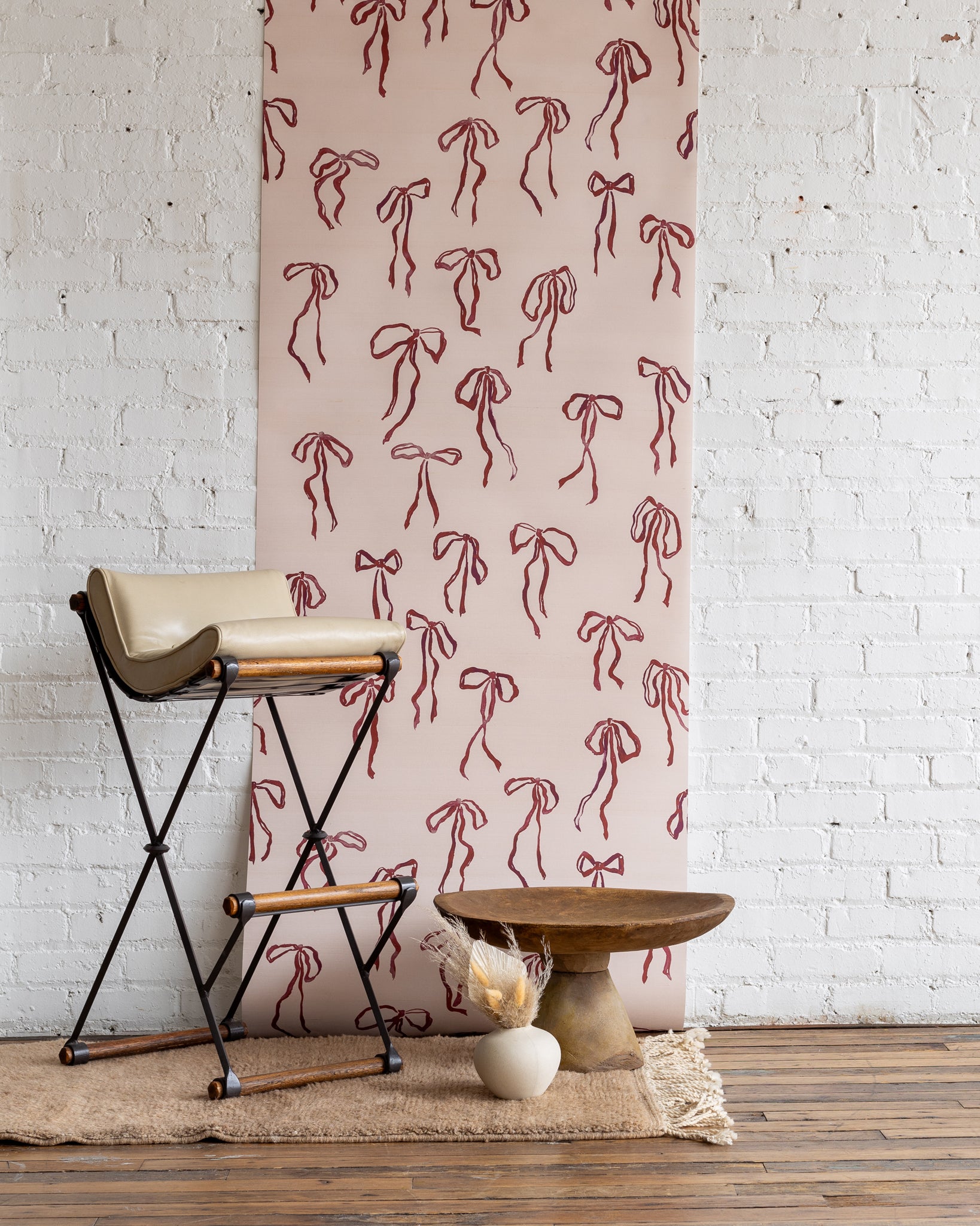 Bows silk wallpaper in Cran - hand-painted watercolor bow pattern for residential and commercial interiors