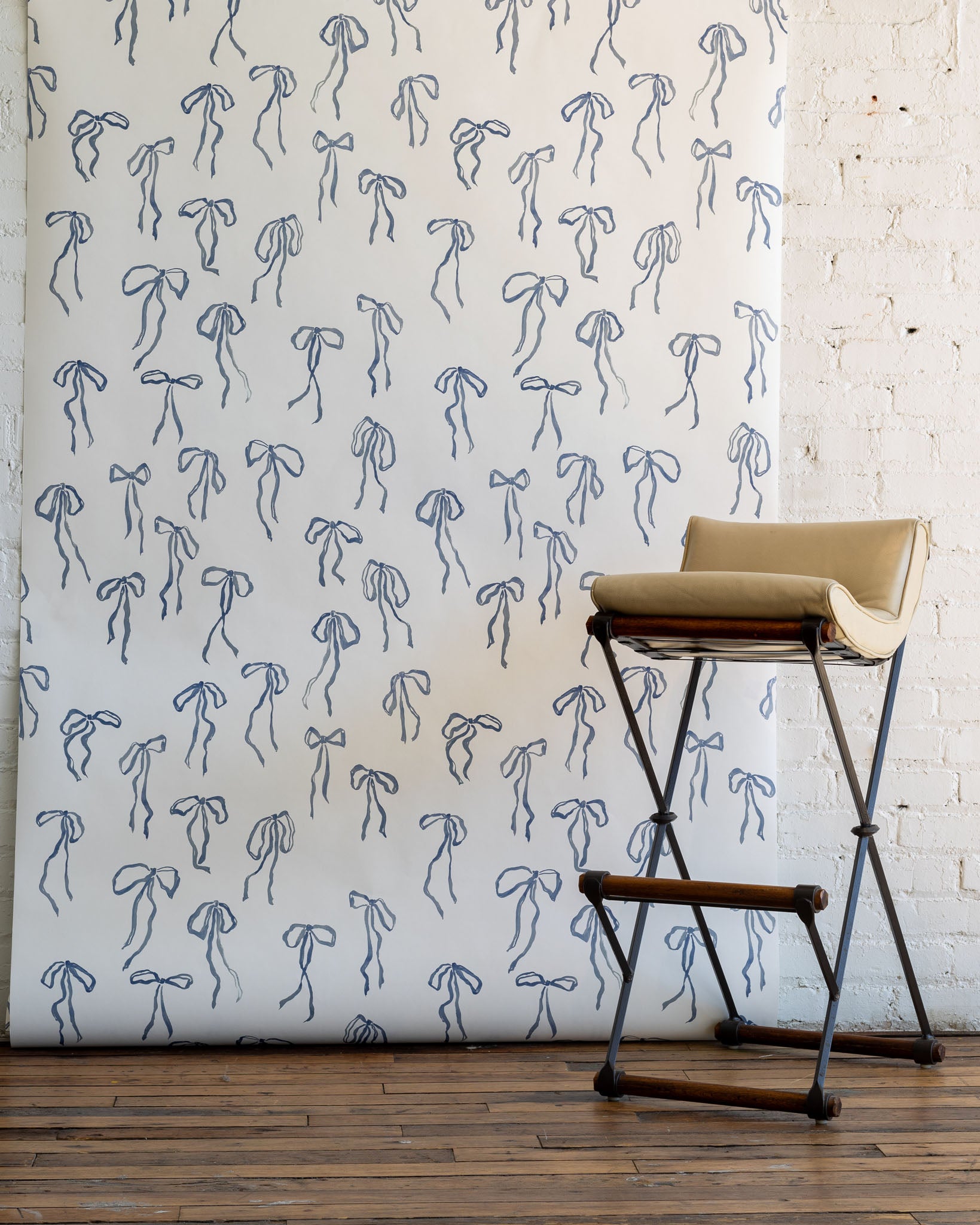 Watercolor bow design in Denim, matte paper - versatile wallpaper for contemporary homes