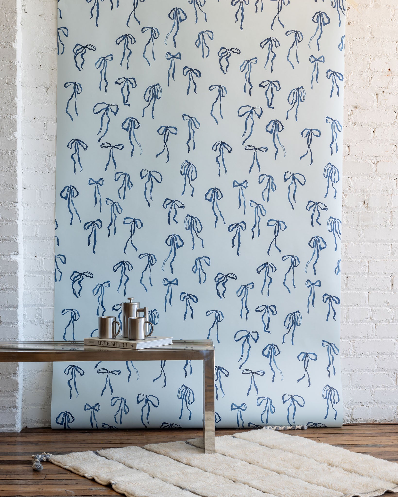 Bows wallpaper for walls in Powder Blue - light, airy watercolor bow pattern on matte paper