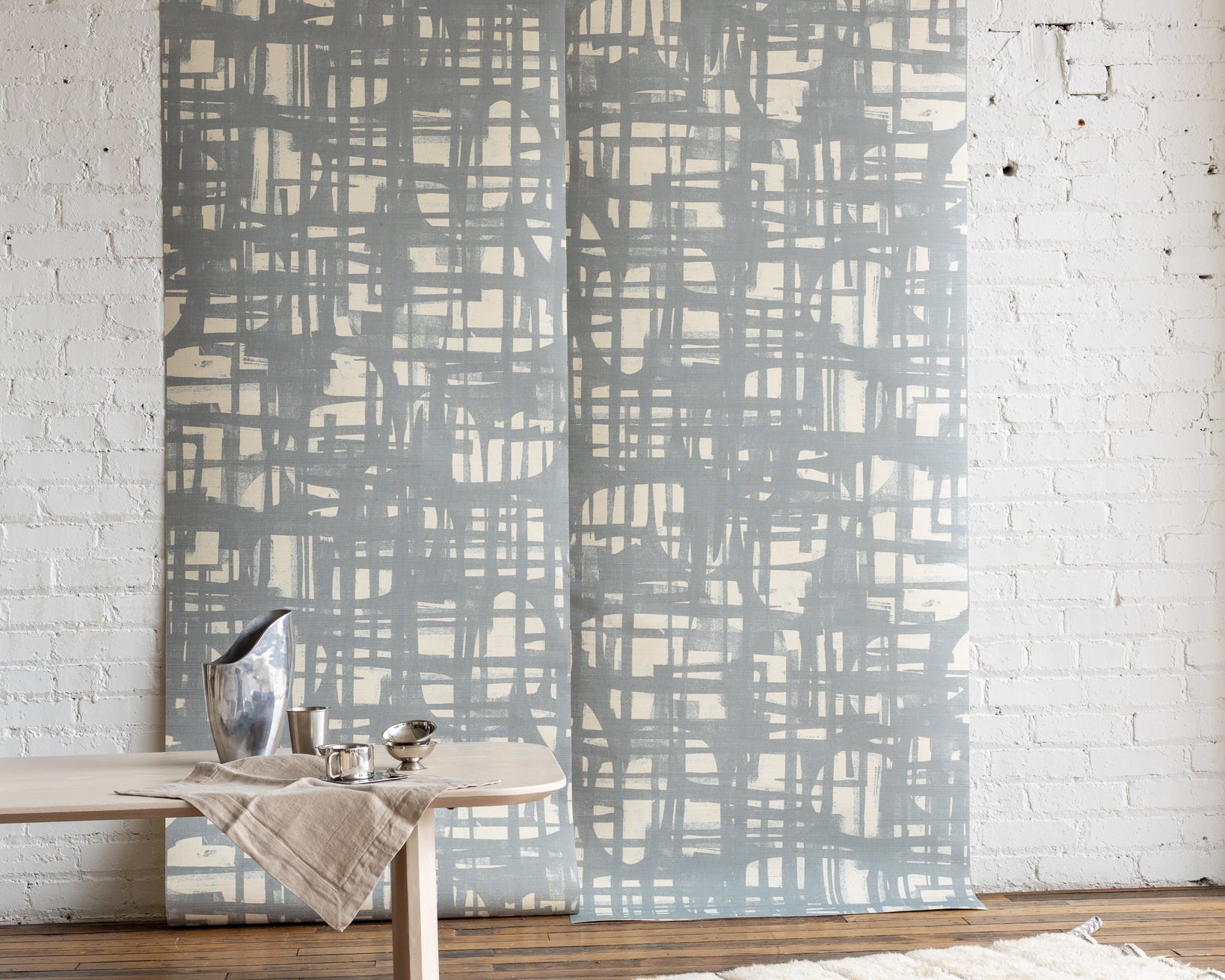 Poppy Monoprint Chambray Grasscloth Wallpaper - Soft Blue Modern Geometric Grasscloth Design, Styled for Minimalist and Contemporary Interiors