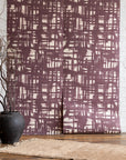 Poppy Monoprint Raisin Grasscloth Wallpaper - Rich Purple Geometric Grasscloth Design, Ideal for Sophisticated and Luxurious Interiors