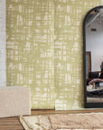 Poppy Monoprint Split Pea Grasscloth Wallpaper - Bold Yellow-Green Geometric Grasscloth, Designed for Unique Accent Walls in Modern Homes