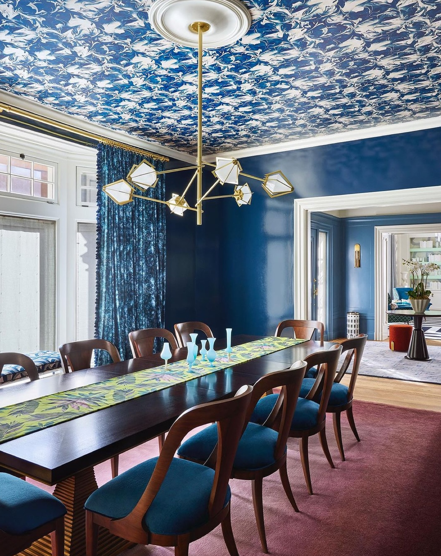 blue and white abstract wallpaper ceiling in dining room