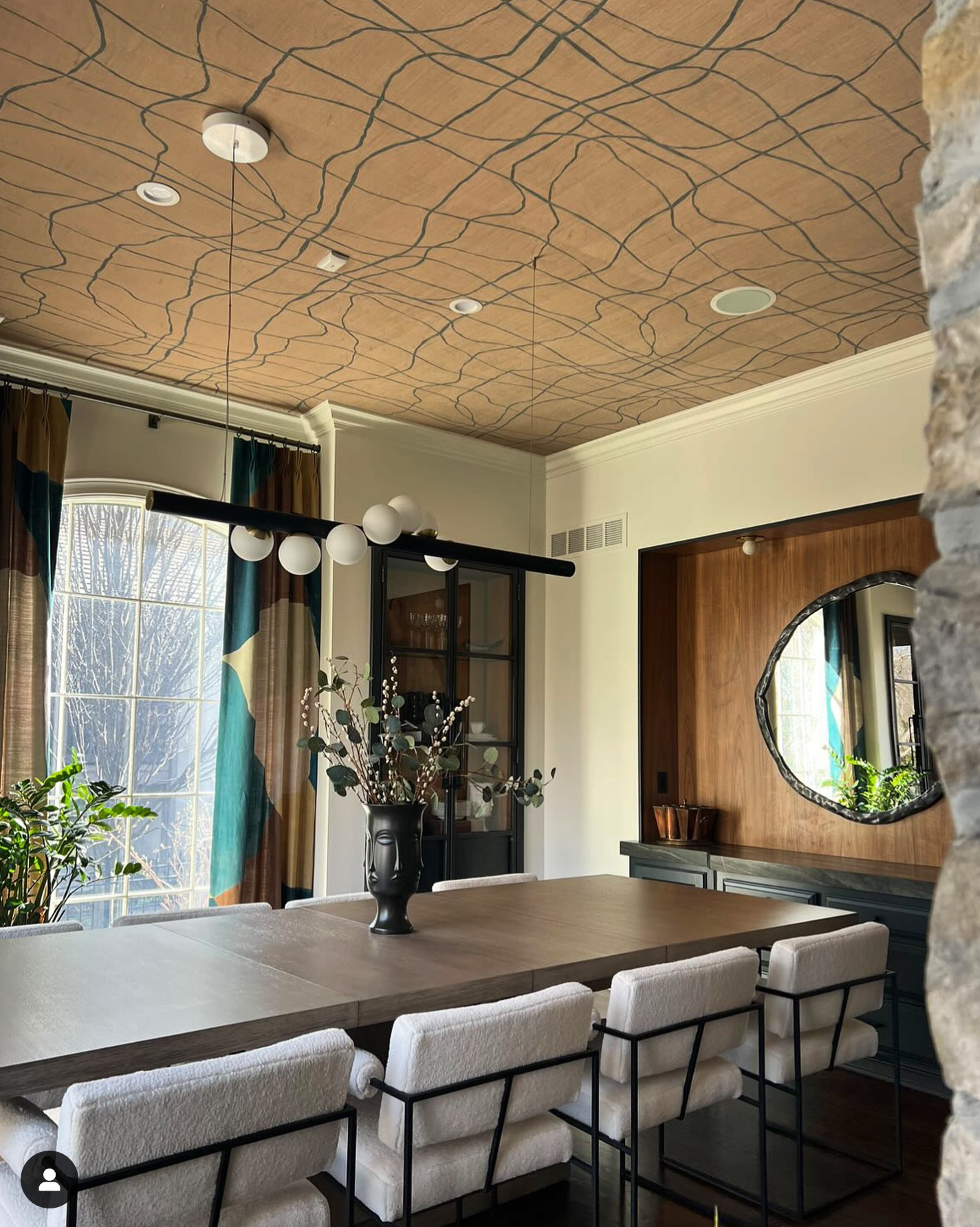 abstract grasscloth dining room ceiling wallpaper installation