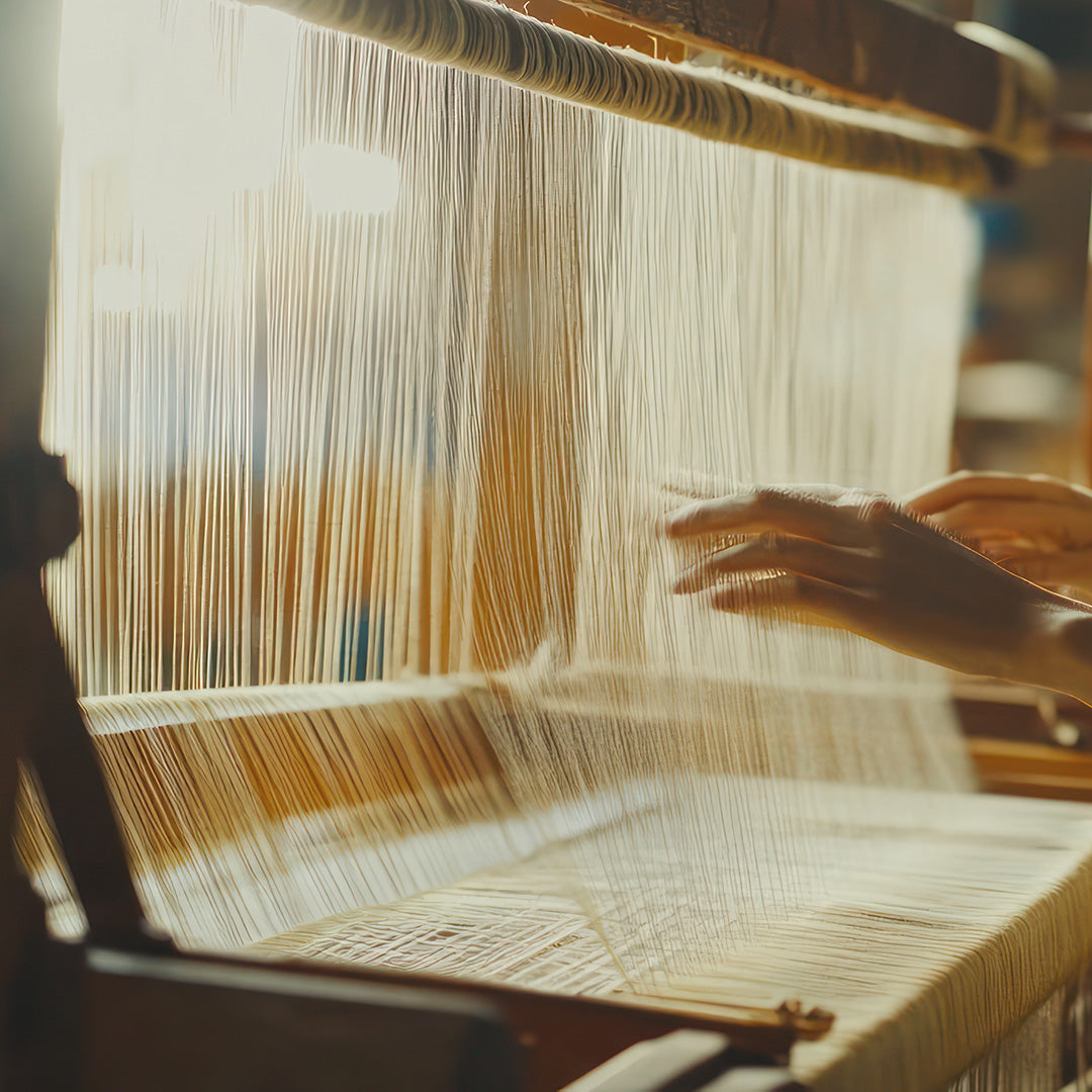 Hands carefully weaving fine silk threads on a traditional wooden loom, with warm sunlight filtering through the delicate fibers.